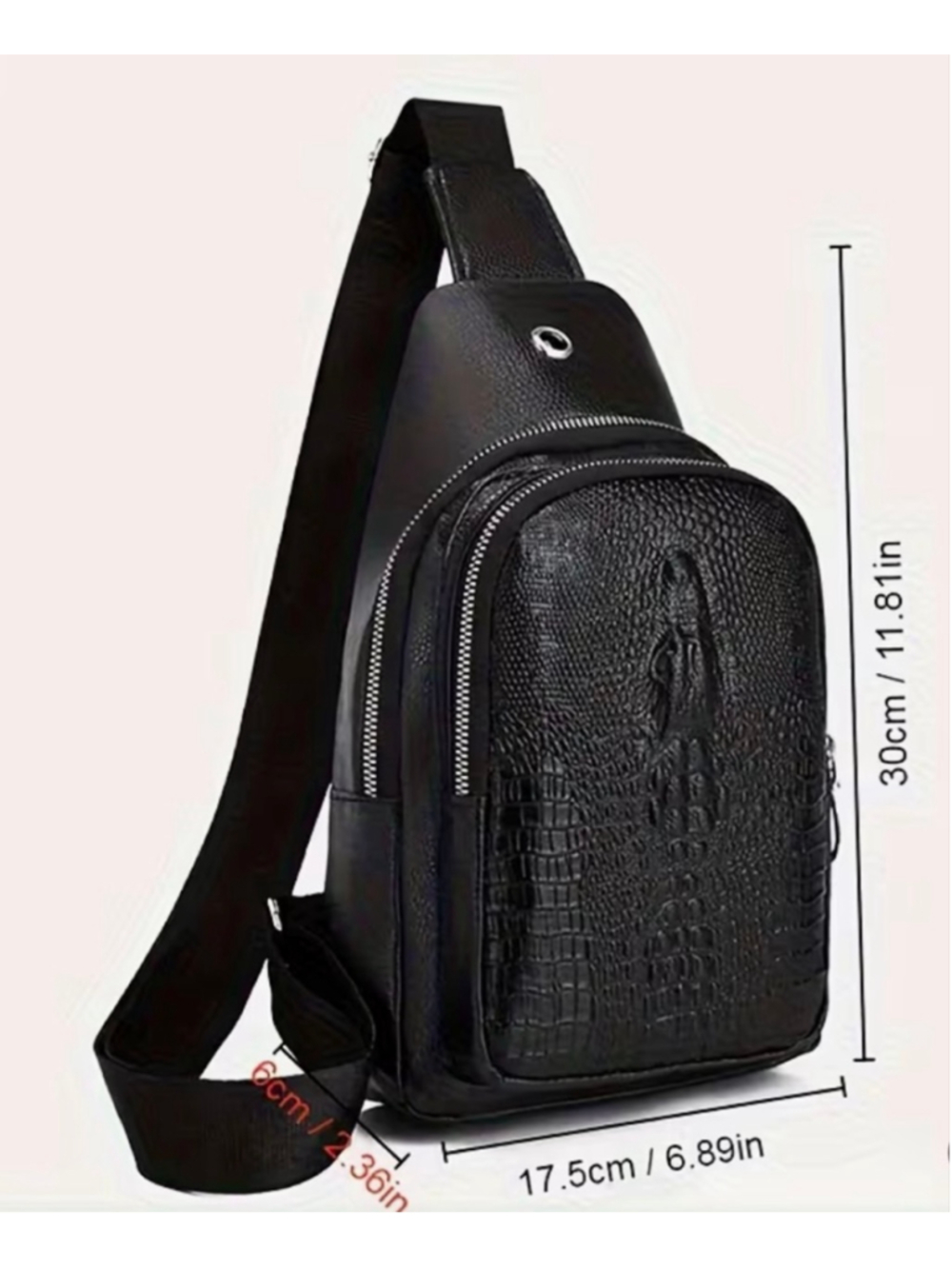 Unisex Black Crocodile Embossed Crossbody Bag - Picture 9 of 9